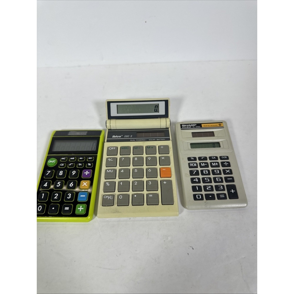 Lot of 3 Vintage Calculators Ibico 080S Flip Sharp Elsi Mate EL-243C Solar